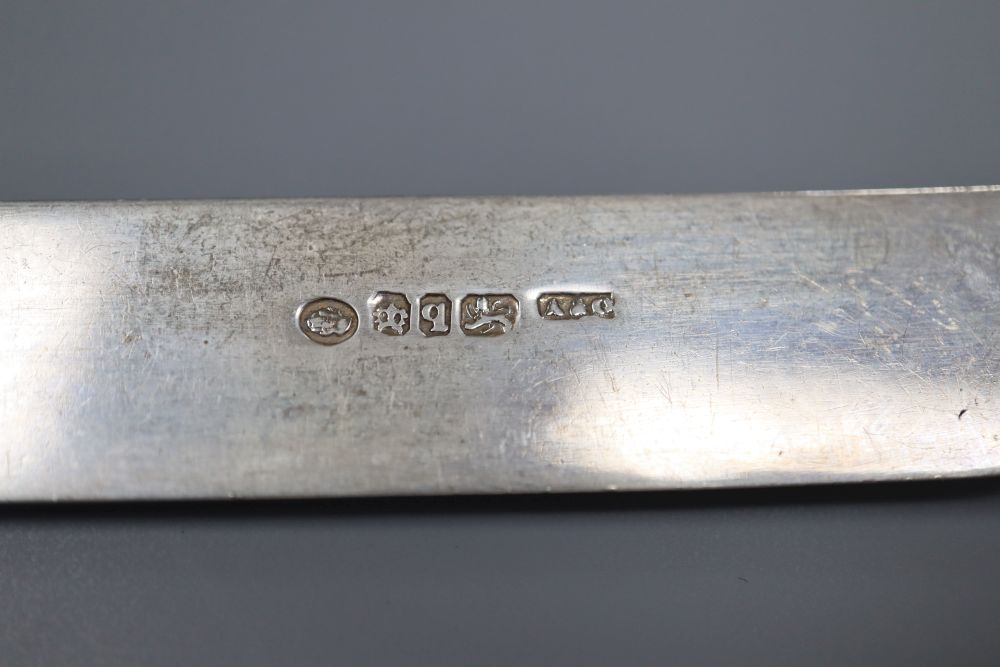 A set of ten William IV mother of pearl handles dessert knives, Atkin & Oxley, Sheffield, 1836 and a set of later similar forks